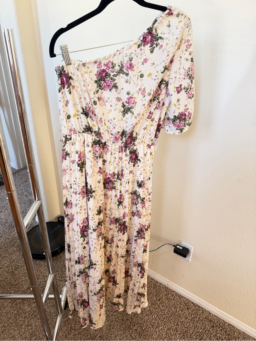 Floral One-Shoulder Maxi Dress in Cream and Pink